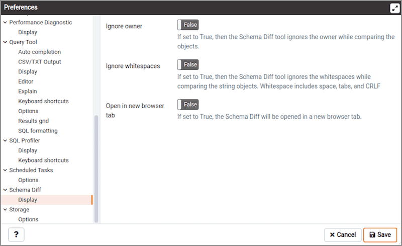 Preferences dialog - Schema Diff Display section