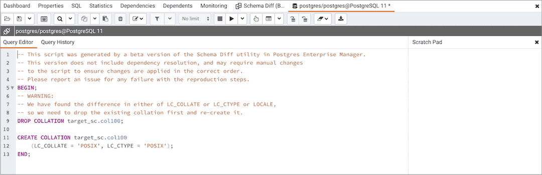 Schema diff generate script query editor